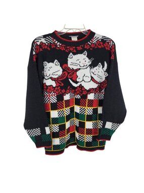 VTG Ugly Christmas Sweater Cats Plaid Tartan Kitschy Holiday Xmas Black Medium